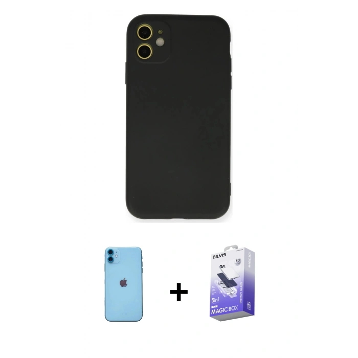 MARSİLYAN™- iPhone 11 Kılıf Ahenk Serisi - Siyah Bilvis 5in1 5D Magic Hayalet Cam Ekran Koruyucu + Neon Fosforlu Kamera Lens - MI
