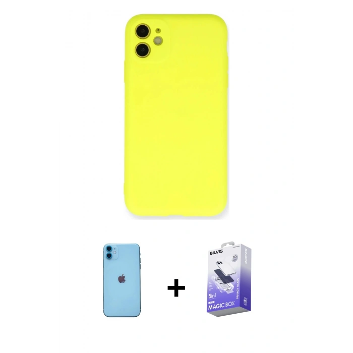 MARSİLYAN™- iPhone 11 Kılıf Ahenk Serisi - Siyah Bilvis 5in1 5D Magic Hayalet Cam Ekran Koruyucu + Neon Fosforlu Kamera Lens - MI