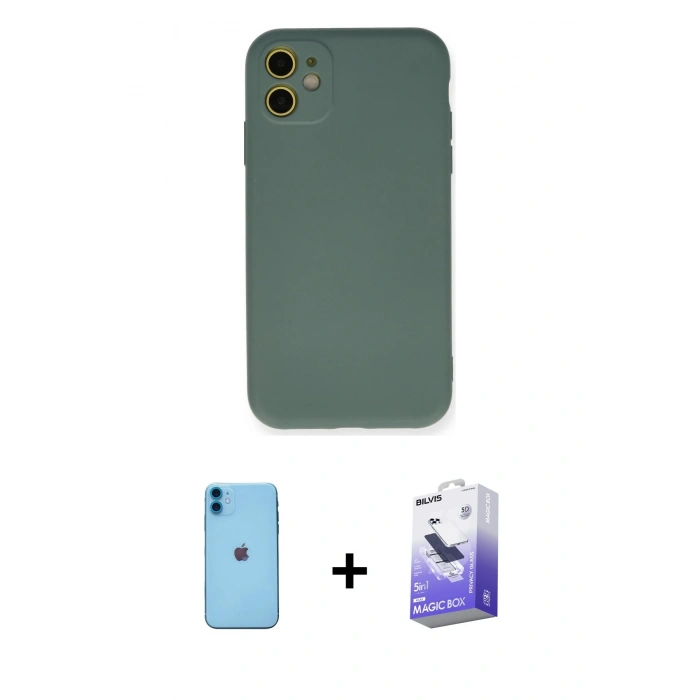 MARSİLYAN™- iPhone 11 Kılıf Ahenk Serisi - Siyah Bilvis 5in1 5D Magic Hayalet Cam Ekran Koruyucu + Neon Fosforlu Kamera Lens - MI