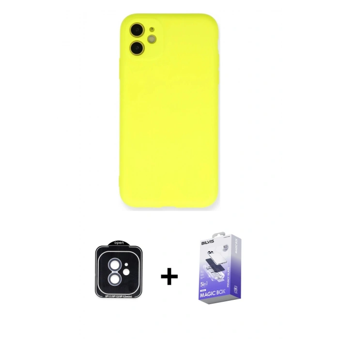 MARSİLYAN™- iPhone 11 Kılıf Ahenk Serisi - Siyah Bilvis 5in1 5D Magic Hayalet Cam Ekran Koruyucu + PVD Metal Kamera Lens - MI