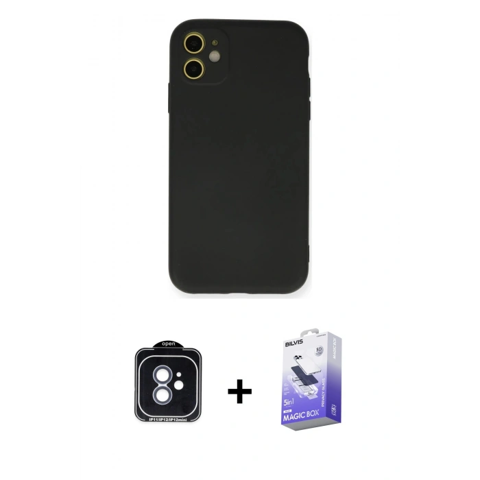 MARSİLYAN™- iPhone 11 Kılıf Ahenk Serisi - Siyah Bilvis 5in1 5D Magic Hayalet Cam Ekran Koruyucu + PVD Metal Kamera Lens - MI