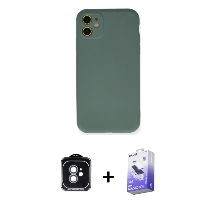 MARSİLYAN™- iPhone 11 Kılıf Ahenk Serisi - Siyah Bilvis 5in1 5D Magic Hayalet Cam Ekran Koruyucu + PVD Metal Kamera Lens - MI