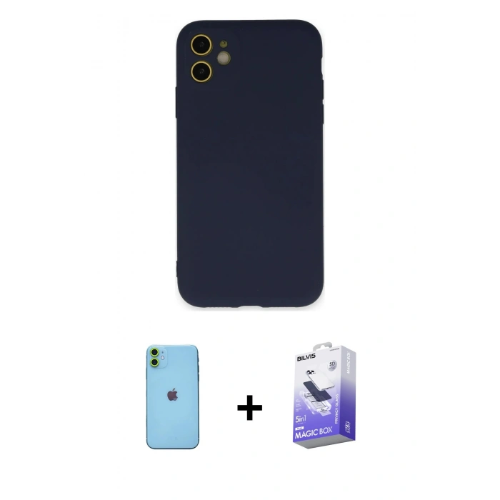 MARSİLYAN™- iPhone 11 Kılıf Ahenk Serisi - Siyah Bilvis 5in1 5D Magic Hayalet Cam Ekran Koruyucu + Neon Fosforlu Kamera Lens - YL