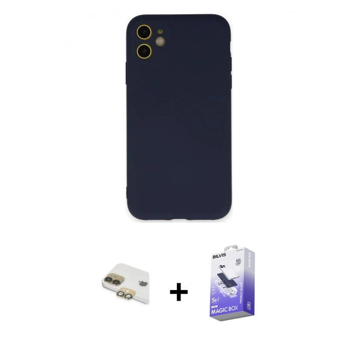 MARSİLYAN™- iPhone 11 Kılıf Ahenk Serisi - Siyah Bilvis 5in1 5D Magic Hayalet Cam Ekran Koruyucu + Pers Alüminyum Kamera Lens - GD