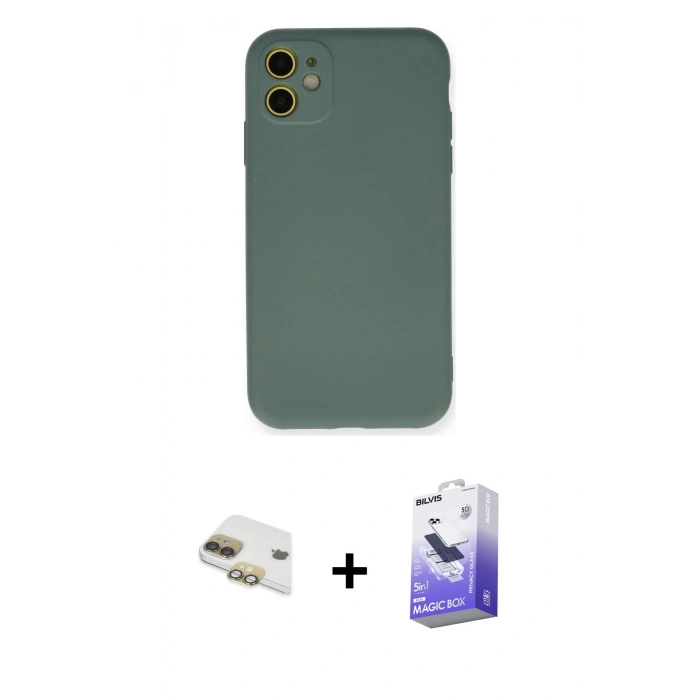 MARSİLYAN™- iPhone 11 Kılıf Ahenk Serisi - Siyah Bilvis 5in1 5D Magic Hayalet Cam Ekran Koruyucu + Pers Alüminyum Kamera Lens - GD
