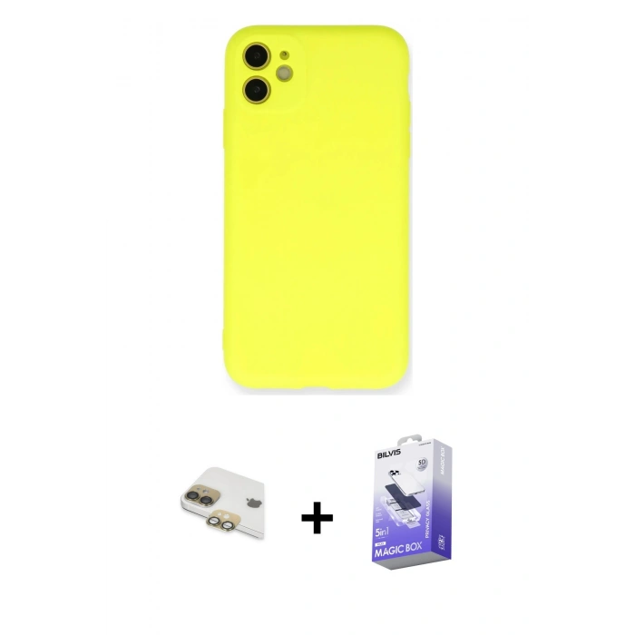 MARSİLYAN™- iPhone 11 Kılıf Ahenk Serisi - Siyah Bilvis 5in1 5D Magic Hayalet Cam Ekran Koruyucu + Pers Alüminyum Kamera Lens - GD