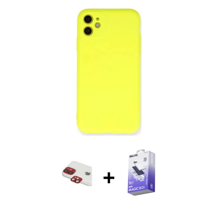 MARSİLYAN™- iPhone 11 Kılıf Ahenk Serisi - Siyah Bilvis 5in1 5D Magic Hayalet Cam Ekran Koruyucu + Pers Alüminyum Kamera Lens - KI