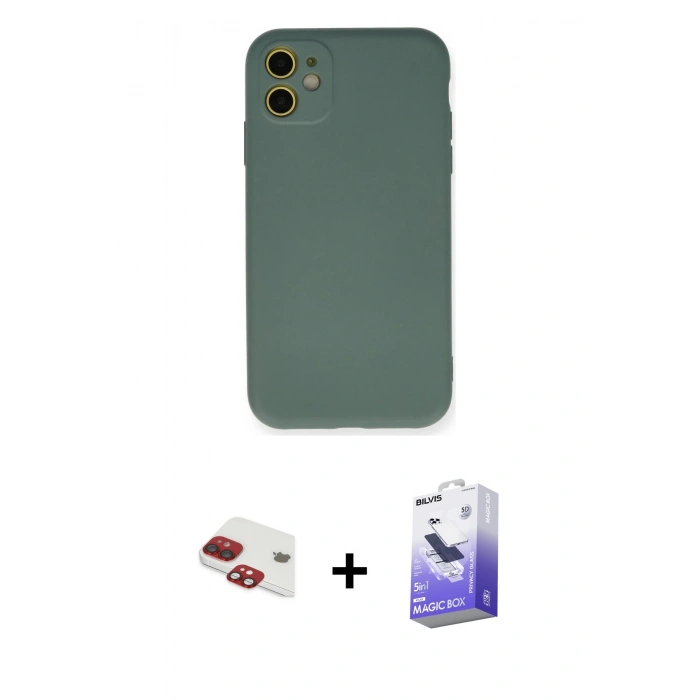 MARSİLYAN™- iPhone 11 Kılıf Ahenk Serisi - Siyah Bilvis 5in1 5D Magic Hayalet Cam Ekran Koruyucu + Pers Alüminyum Kamera Lens - KI