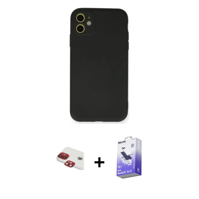 MARSİLYAN™- iPhone 11 Kılıf Ahenk Serisi - Siyah Bilvis 5in1 5D Magic Hayalet Cam Ekran Koruyucu + Pers Alüminyum Kamera Lens - KI