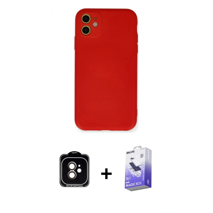 MARSİLYAN™- iPhone 11 Kılıf Ahenk Serisi - Siyah Bilvis 5in1 5D Magic Hayalet Cam Ekran Koruyucu + PVD Metal Kamera Lens - TU