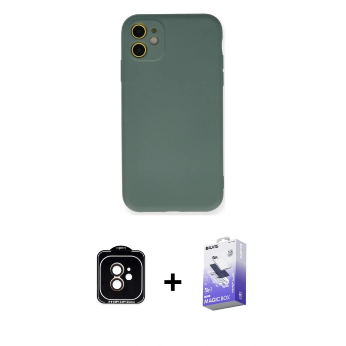 MARSİLYAN™- iPhone 11 Kılıf Ahenk Serisi - Siyah Bilvis 5in1 5D Magic Hayalet Cam Ekran Koruyucu + PVD Metal Kamera Lens - TU