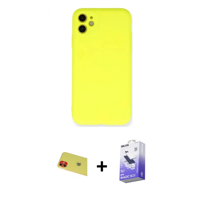 MARSİLYAN™- iPhone 11 Kılıf Ahenk Serisi - Siyah Bilvis 5in1 5D Magic Hayalet Cam Ekran Koruyucu + Rainbow Kamera Lens Koruma Cam - KI