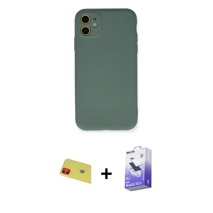 MARSİLYAN™- iPhone 11 Kılıf Ahenk Serisi - Siyah Bilvis 5in1 5D Magic Hayalet Cam Ekran Koruyucu + Rainbow Kamera Lens Koruma Cam - KI
