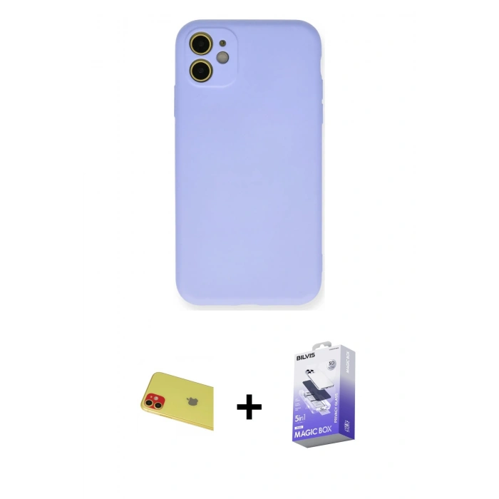 MARSİLYAN™- iPhone 11 Kılıf Ahenk Serisi - Siyah Bilvis 5in1 5D Magic Hayalet Cam Ekran Koruyucu + Rainbow Kamera Lens Koruma Cam - KI