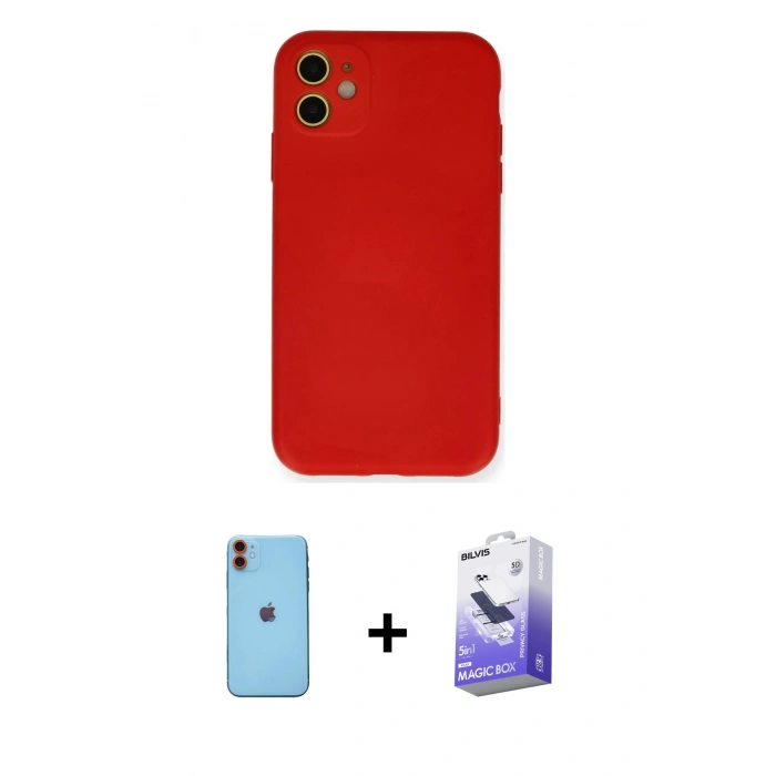 MARSİLYAN™- iPhone 11 Kılıf Ahenk Serisi - Siyah Bilvis 5in1 5D Magic Hayalet Cam Ekran Koruyucu + Turuncu Neon Fosforlu Kamera Lens
