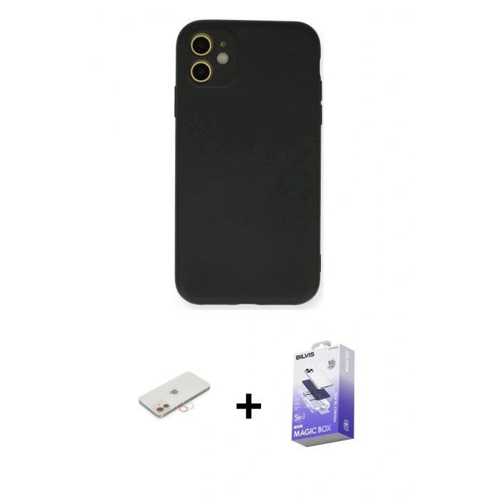 MARSİLYAN™- iPhone 11 Kılıf Ahenk Serisi - Siyah Bilvis 5in1 5D Magic Hayalet Cam Ekran Koruyucu + Renkli Kamera Lens Koruma Cam - YL
