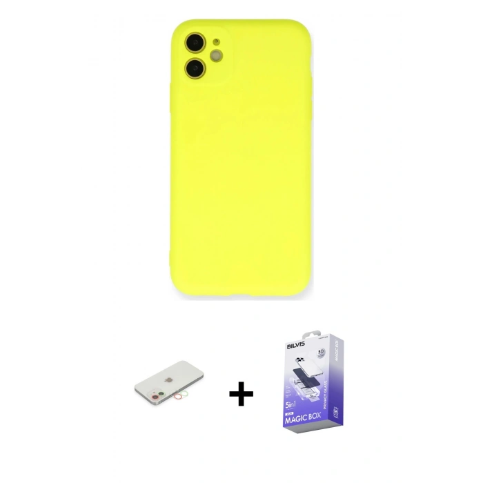 MARSİLYAN™- iPhone 11 Kılıf Ahenk Serisi - Siyah Bilvis 5in1 5D Magic Hayalet Cam Ekran Koruyucu + Renkli Kamera Lens Koruma Cam - YL