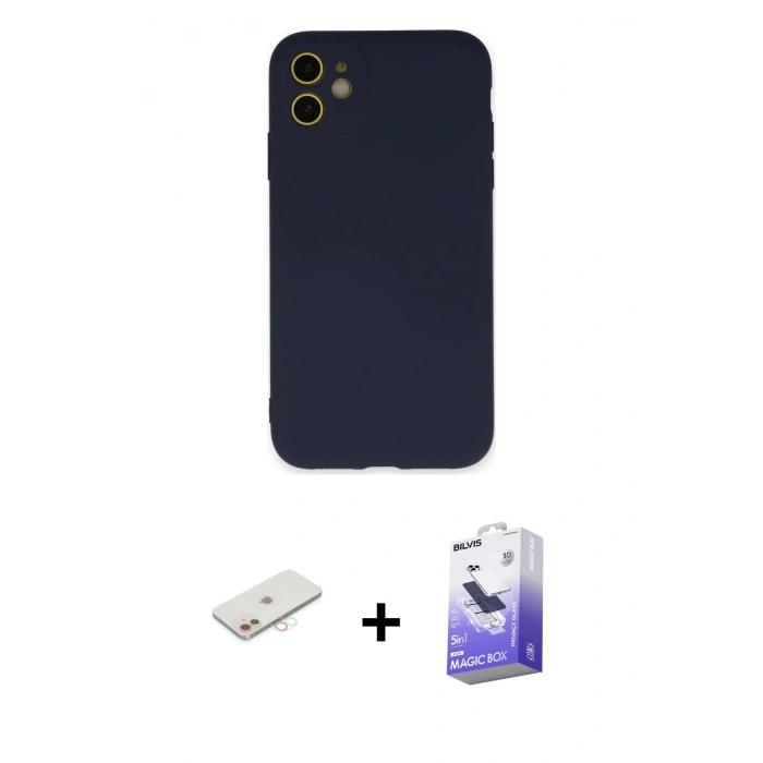 MARSİLYAN™- iPhone 11 Kılıf Ahenk Serisi - Siyah Bilvis 5in1 5D Magic Hayalet Cam Ekran Koruyucu + Renkli Kamera Lens Koruma Cam - YL