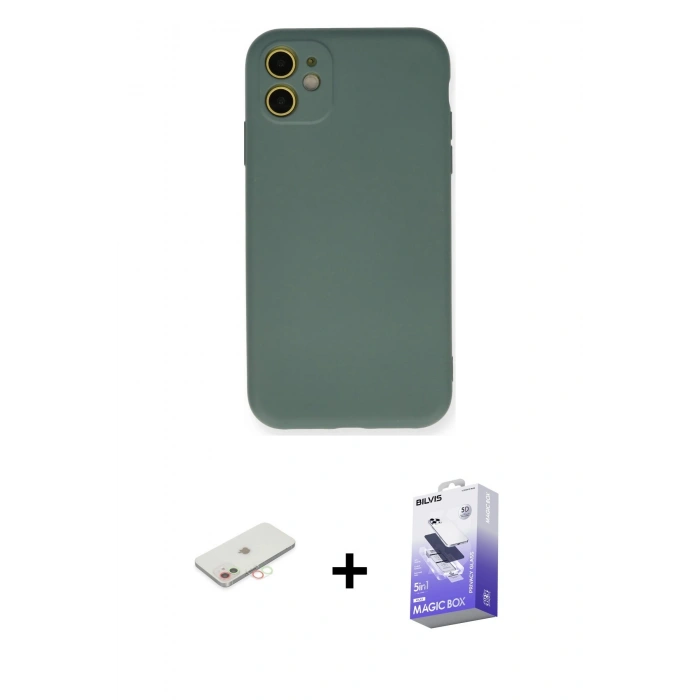 MARSİLYAN™- iPhone 11 Kılıf Ahenk Serisi - Siyah Bilvis 5in1 5D Magic Hayalet Cam Ekran Koruyucu + Renkli Kamera Lens Koruma Cam - YL