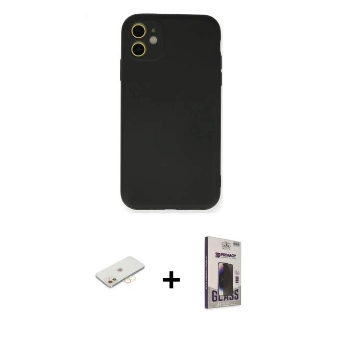 MARSİLYAN™- iPhone 11 Kılıf Ahenk Serisi - Siyah Bilvis Hayalet Cam Ekran Koruyucu + Renkli Kamera Lens Koruma Cam - SI