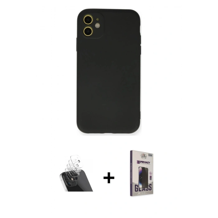 MARSİLYAN™- iPhone 11 Kılıf Ahenk Serisi - Siyah Bilvis Hayalet Cam Ekran Koruyucu + Kamera Lens Koruma Cam - SF