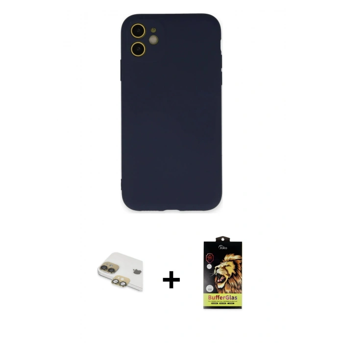MARSİLYAN™- iPhone 11 Kılıf Ahenk Serisi - Siyah Buffer Cam Ekran Koruyucu + Pers Alüminyum Kamera Lens - GD