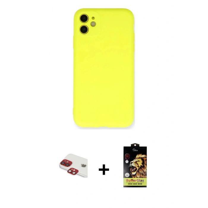 MARSİLYAN™- iPhone 11 Kılıf Ahenk Serisi - Siyah Buffer Cam Ekran Koruyucu + Pers Alüminyum Kamera Lens - KI
