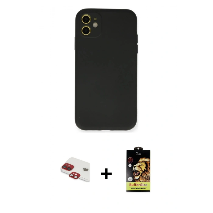 MARSİLYAN™- iPhone 11 Kılıf Ahenk Serisi - Siyah Buffer Cam Ekran Koruyucu + Pers Alüminyum Kamera Lens - KI