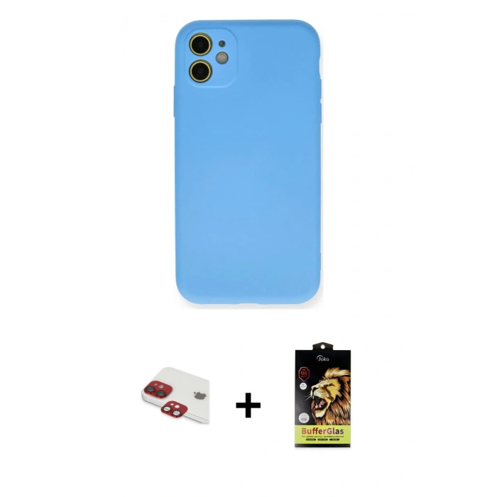 MARSİLYAN™- iPhone 11 Kılıf Ahenk Serisi - Siyah Buffer Cam Ekran Koruyucu + Pers Alüminyum Kamera Lens - KI