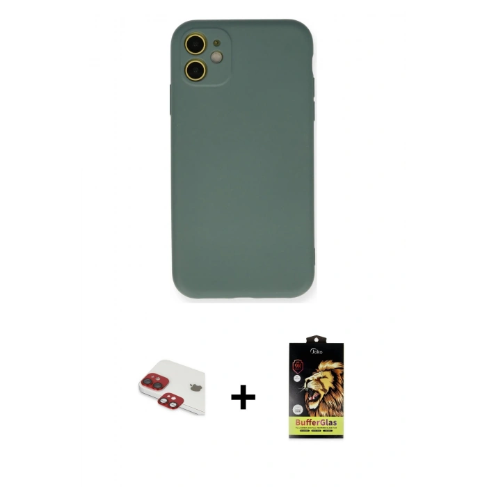 MARSİLYAN™- iPhone 11 Kılıf Ahenk Serisi - Siyah Buffer Cam Ekran Koruyucu + Pers Alüminyum Kamera Lens - KI