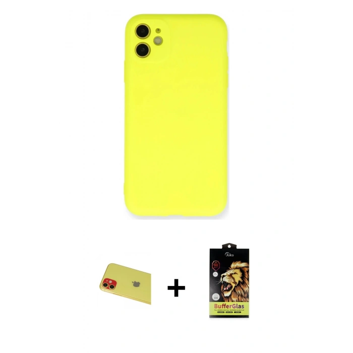 MARSİLYAN™- iPhone 11 Kılıf Ahenk Serisi - Siyah Buffer Cam Ekran Koruyucu + Rainbow Kamera Lens Koruma Cam - KI