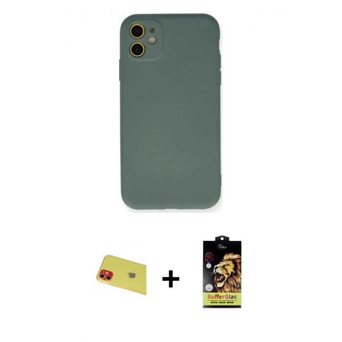 MARSİLYAN™- iPhone 11 Kılıf Ahenk Serisi - Siyah Buffer Cam Ekran Koruyucu + Rainbow Kamera Lens Koruma Cam - KI