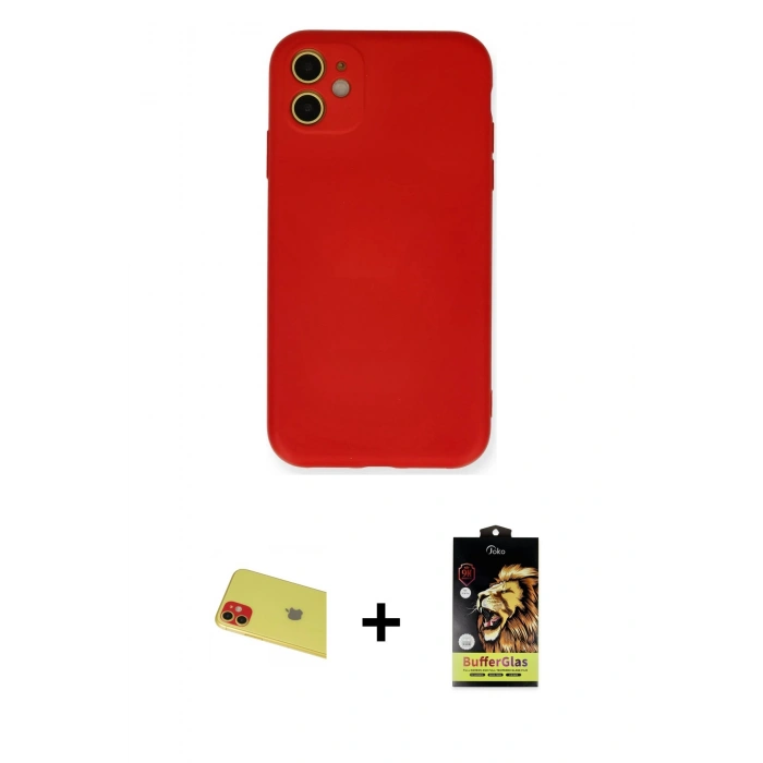 MARSİLYAN™- iPhone 11 Kılıf Ahenk Serisi - Siyah Buffer Cam Ekran Koruyucu + Rainbow Kamera Lens Koruma Cam - KI