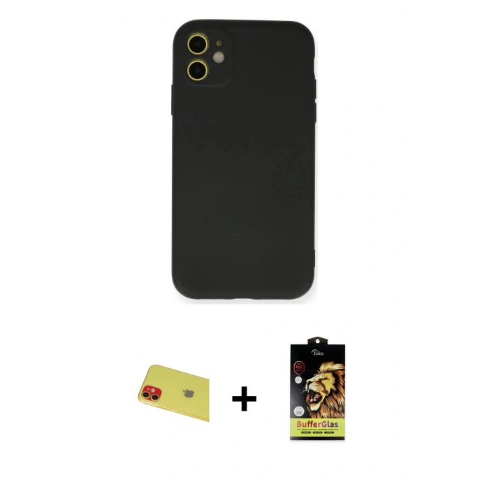 MARSİLYAN™- iPhone 11 Kılıf Ahenk Serisi - Siyah Buffer Cam Ekran Koruyucu + Rainbow Kamera Lens Koruma Cam - KI