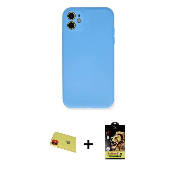 MARSİLYAN™- iPhone 11 Kılıf Ahenk Serisi - Siyah Buffer Cam Ekran Koruyucu + Rainbow Kamera Lens Koruma Cam - KI