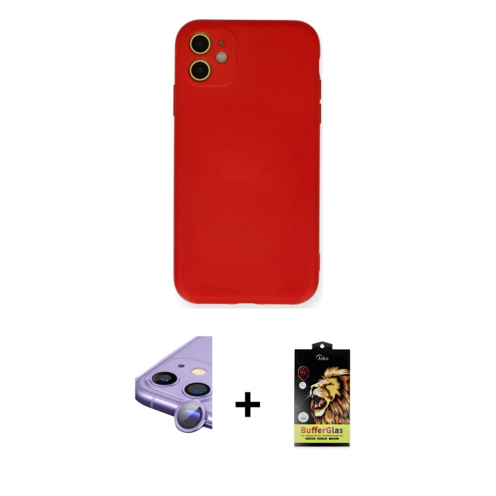 MARSİLYAN™- iPhone 11 Kılıf Ahenk Serisi - Siyah Buffer Cam Ekran Koruyucu + Raze Metal Kamera Lens - MR