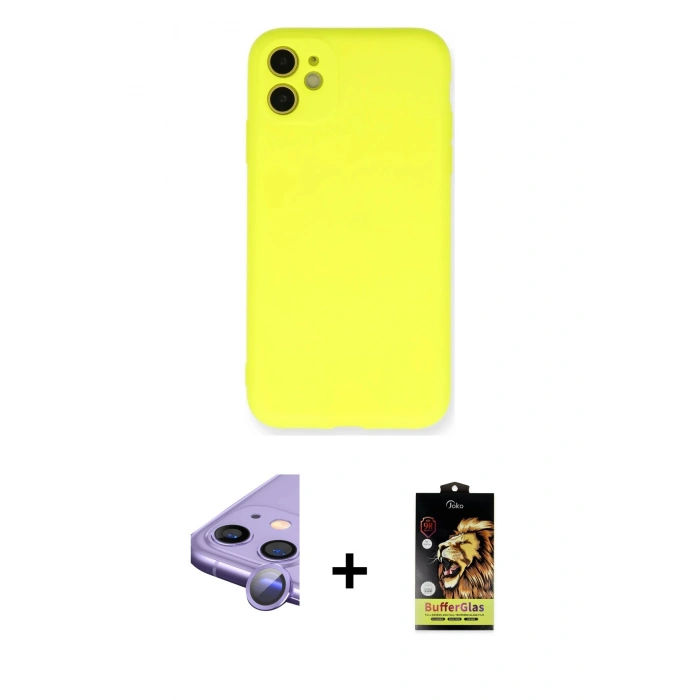 MARSİLYAN™- iPhone 11 Kılıf Ahenk Serisi - Siyah Buffer Cam Ekran Koruyucu + Raze Metal Kamera Lens - MR