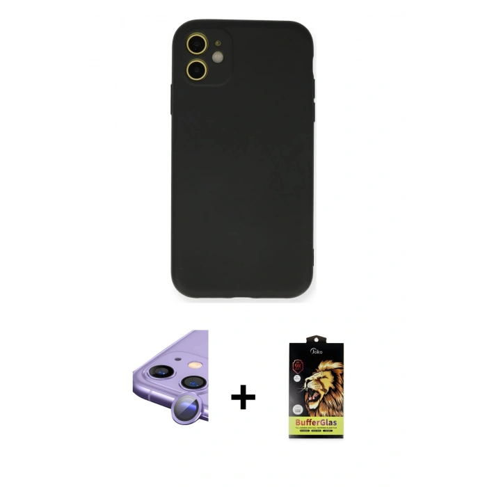 MARSİLYAN™- iPhone 11 Kılıf Ahenk Serisi - Siyah Buffer Cam Ekran Koruyucu + Raze Metal Kamera Lens - MR