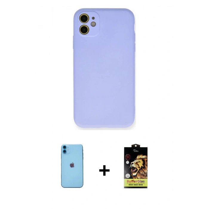 MARSİLYAN™- iPhone 11 Kılıf Ahenk Serisi - Siyah Buffer Cam Ekran Koruyucu + Neon Fosforlu Kamera Lens - MI