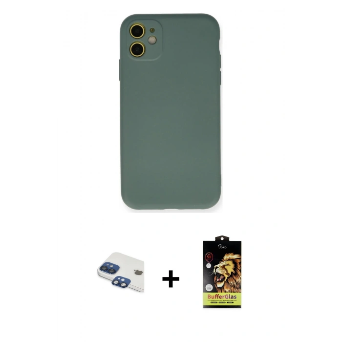 MARSİLYAN™- iPhone 11 Kılıf Ahenk Serisi - Siyah Buffer Cam Ekran Koruyucu + Pers Alüminyum Kamera Lens - LT