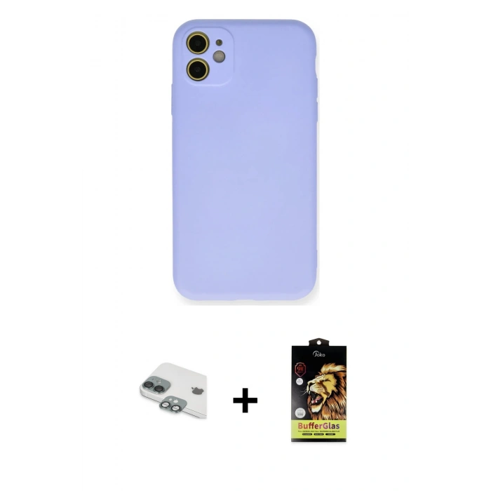 MARSİLYAN™- iPhone 11 Kılıf Ahenk Serisi - Siyah Buffer Cam Ekran Koruyucu + Pers Alüminyum Kamera Lens - YL