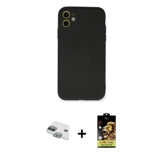 MARSİLYAN™- iPhone 11 Kılıf Ahenk Serisi - Siyah Buffer Cam Ekran Koruyucu + Pers Alüminyum Kamera Lens - YL