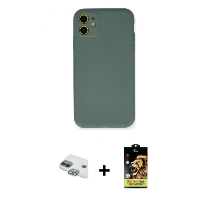 MARSİLYAN™- iPhone 11 Kılıf Ahenk Serisi - Siyah Buffer Cam Ekran Koruyucu + Pers Alüminyum Kamera Lens - YL