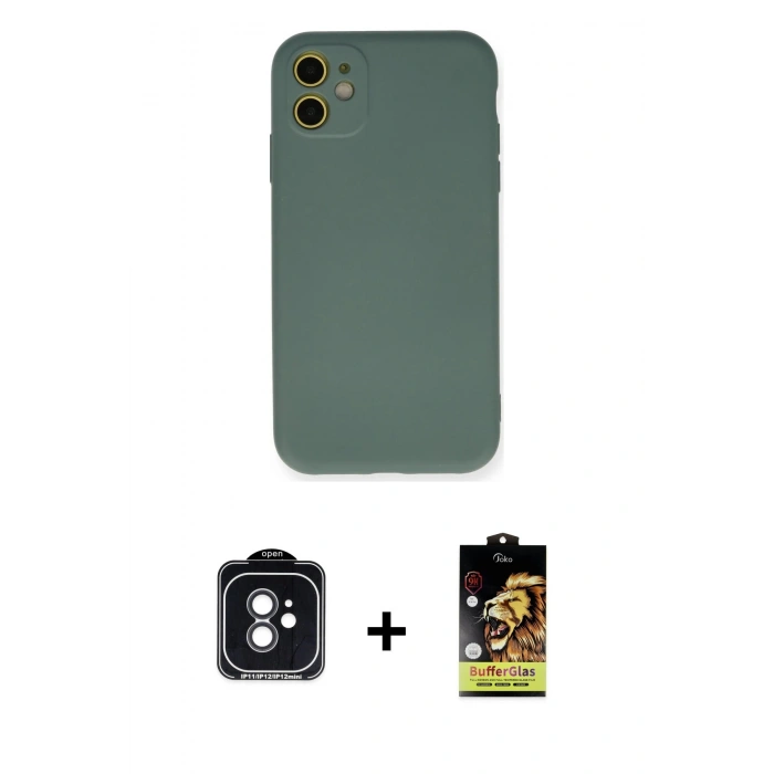 MARSİLYAN™- iPhone 11 Kılıf Ahenk Serisi - Siyah Buffer Cam Ekran Koruyucu + PVD Metal Kamera Lens - SH