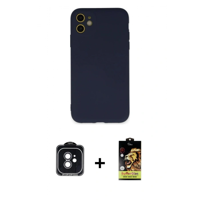 MARSİLYAN™- iPhone 11 Kılıf Ahenk Serisi - Siyah Buffer Cam Ekran Koruyucu + PVD Metal Kamera Lens - SH