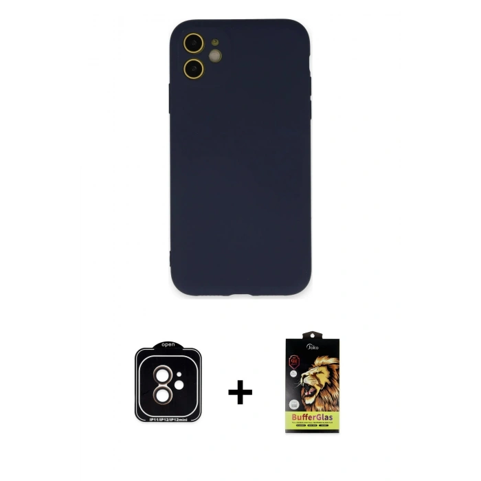 MARSİLYAN™- iPhone 11 Kılıf Ahenk Serisi - Siyah Buffer Cam Ekran Koruyucu + PVD Metal Kamera Lens - TU