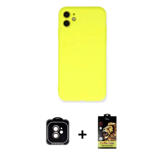 MARSİLYAN™- iPhone 11 Kılıf Ahenk Serisi - Siyah Buffer Cam Ekran Koruyucu + PVD Metal Kamera Lens - TU