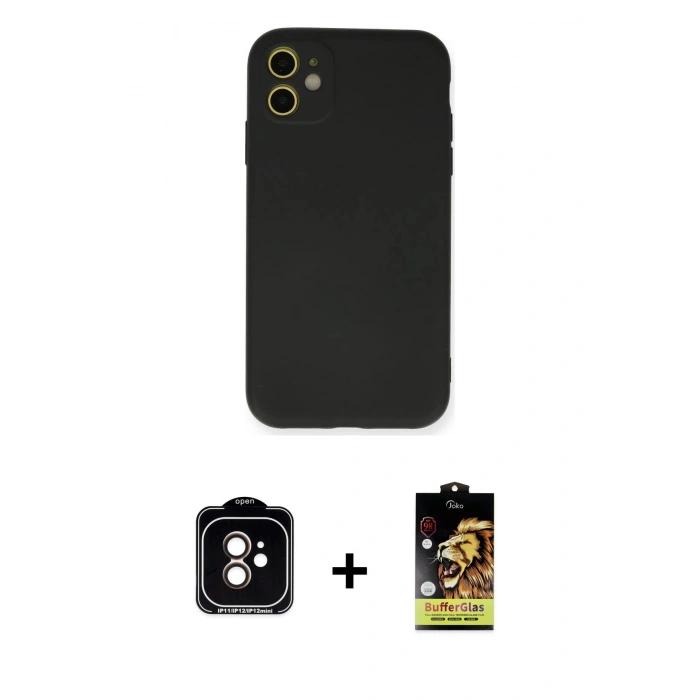 MARSİLYAN™- iPhone 11 Kılıf Ahenk Serisi - Siyah Buffer Cam Ekran Koruyucu + PVD Metal Kamera Lens - TU
