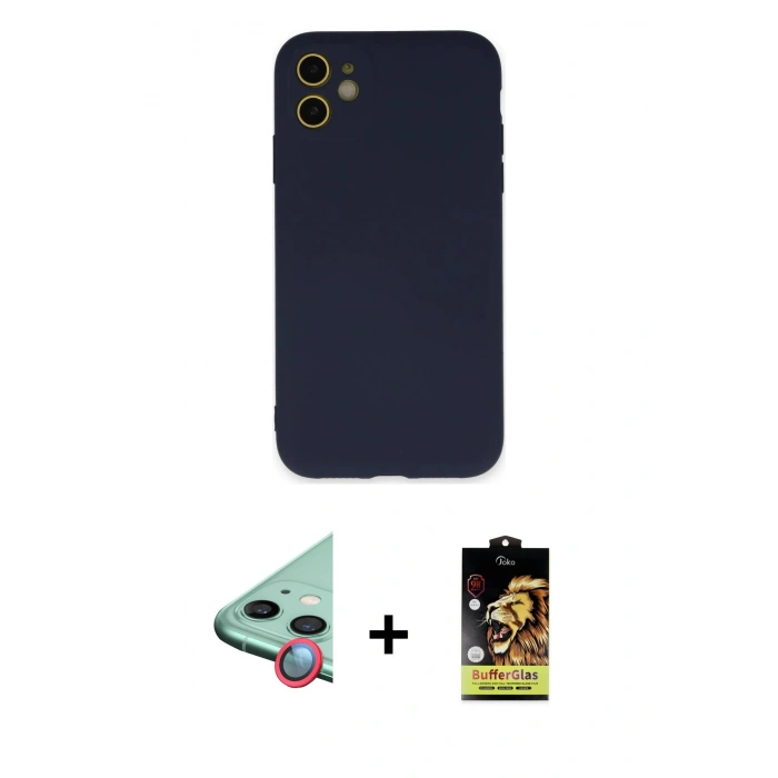 MARSİLYAN™- iPhone 11 Kılıf Ahenk Serisi - Siyah Buffer Cam Ekran Koruyucu + Raze Metal Kamera Lens - KI