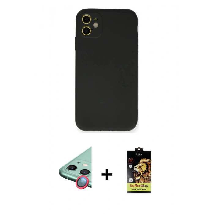 MARSİLYAN™- iPhone 11 Kılıf Ahenk Serisi - Siyah Buffer Cam Ekran Koruyucu + Raze Metal Kamera Lens - KI